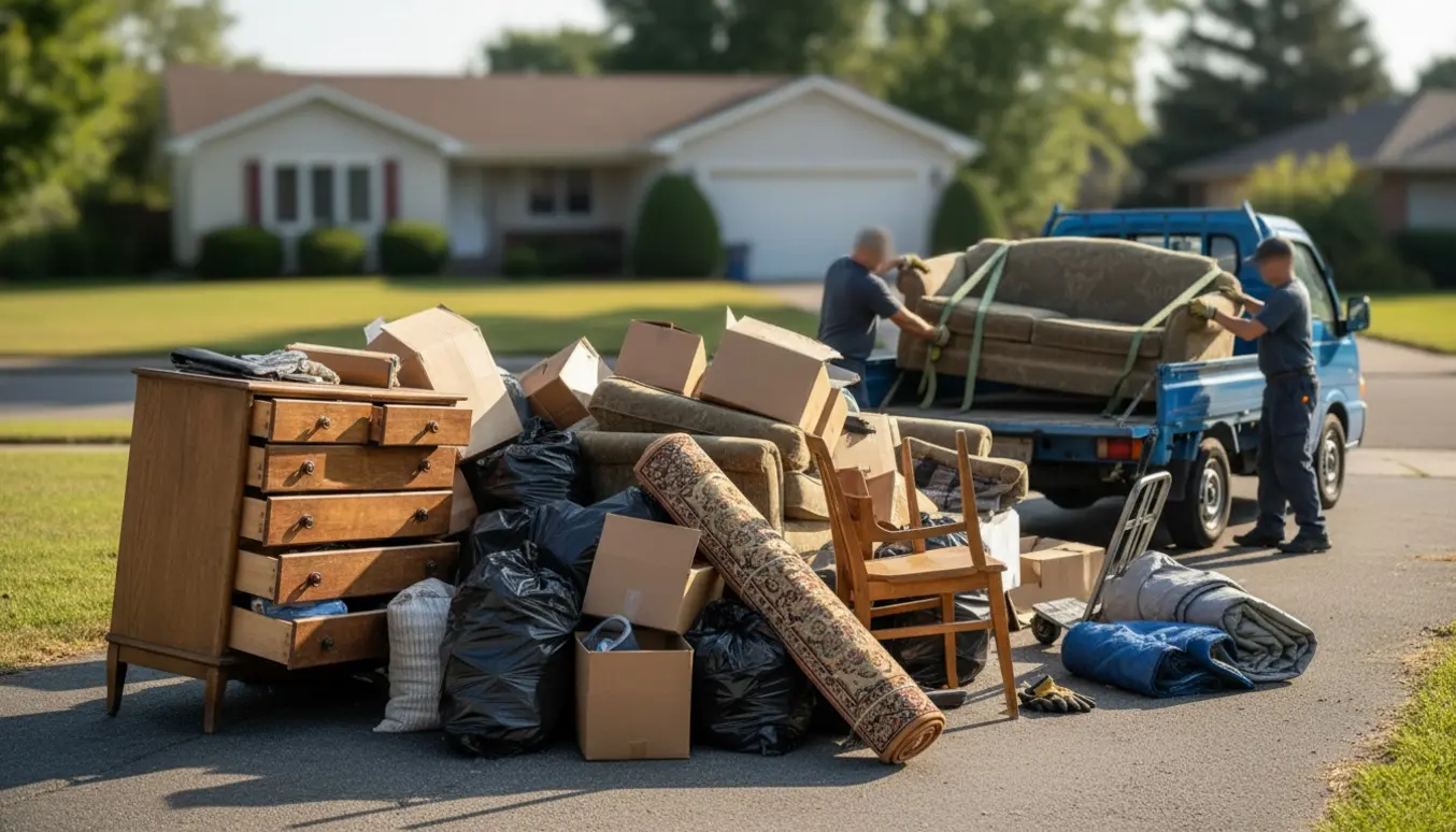 Solbelyst indkørsel med storskrald — kommoder, sofa, poser og flytteudstyr klar til afhentning.