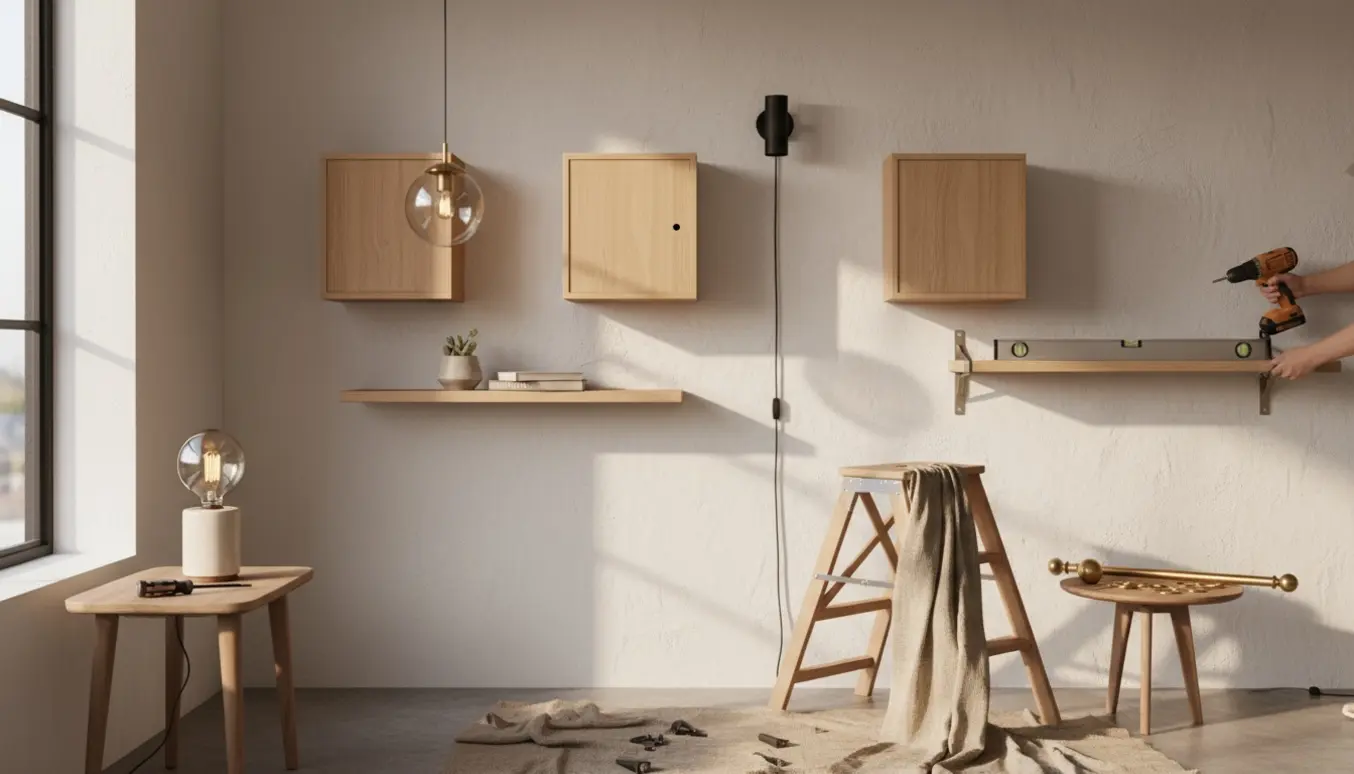 Hænder monterer hylder og to små skabe på en væg, med forskellige lamper og gardinstof klar i et lyst, moderne rum.