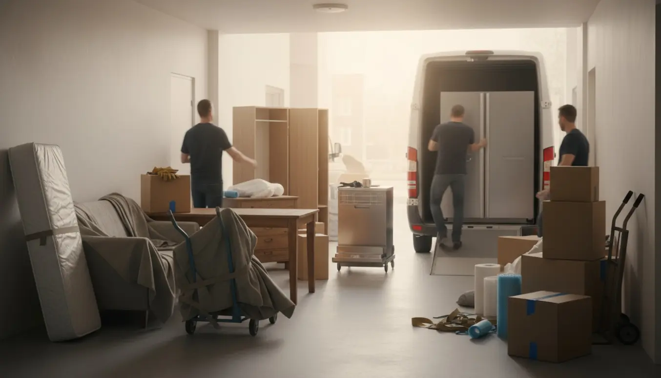 Flyttefolk bærer seng, sofa og køleskab ind i en flyttevogn omgivet af møbler og flyttekasser.