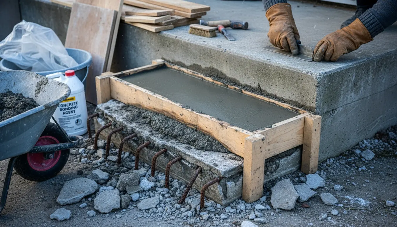 Tre udendørs betontrin og sokkel under reparation efter frostsprængninger, håndværker glatter ny mørtel.