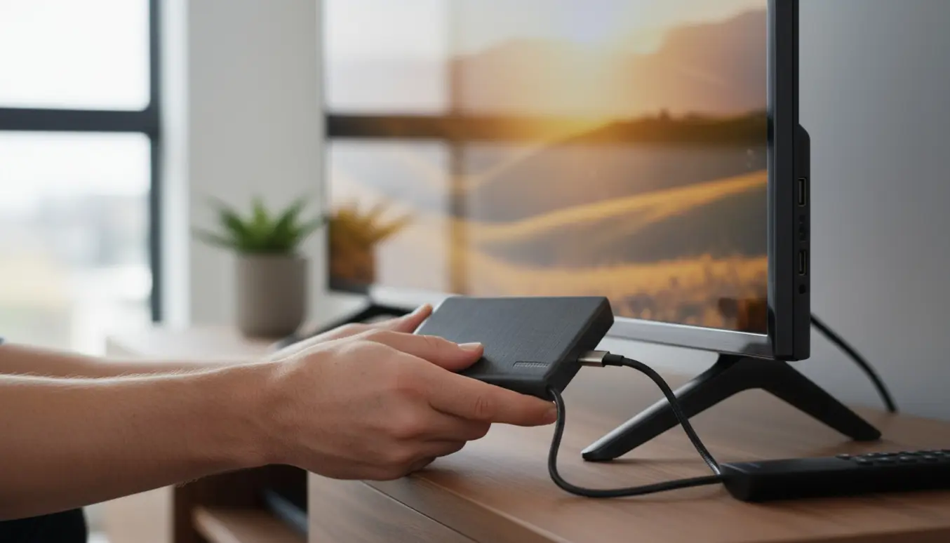 Hænder forbinder en ekstern harddisk til et fladskærms-tv med et USB-kabel i en moderne stue.