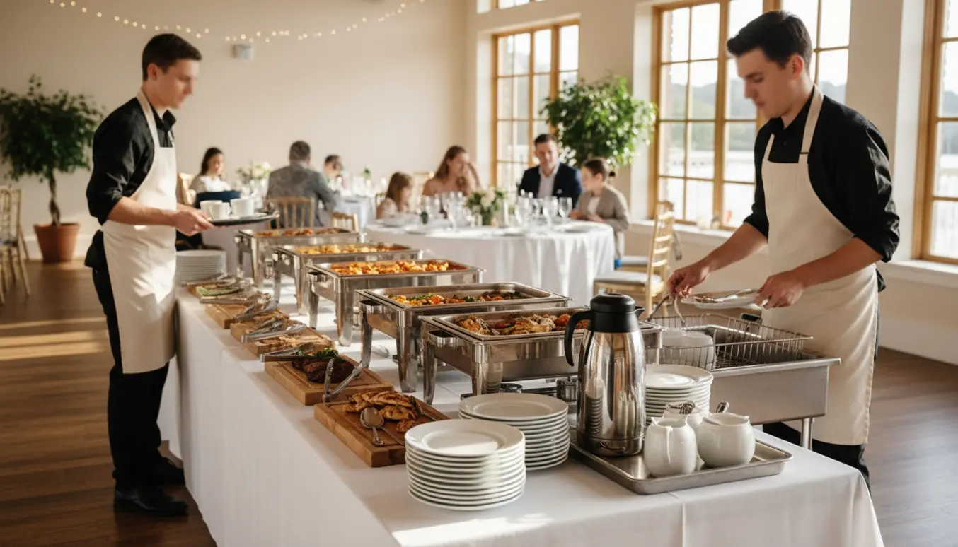 To serveringspersoner i aproner forbereder og serverer buffet og kaffe til et lyst bryllupsarrangement.