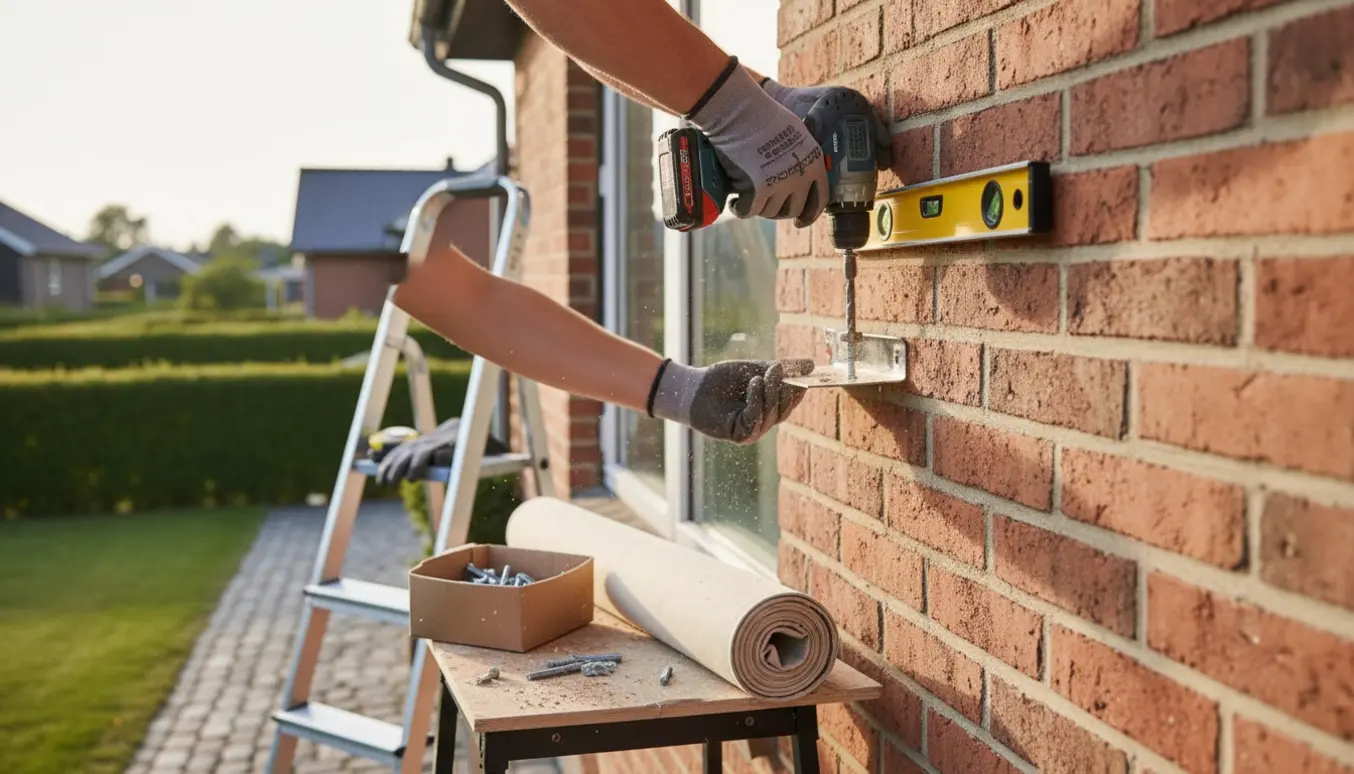 Montage af en ny terrassemarkise på en rød murstensmur i Hørsholm med værktøj og stige.