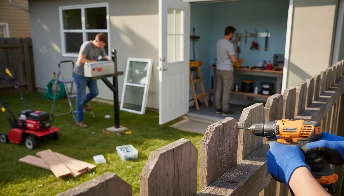 Nærbillede af håndværkerhænder, der skruer en plank fast i et hegn med postkasse og værktøj i baggrunden.