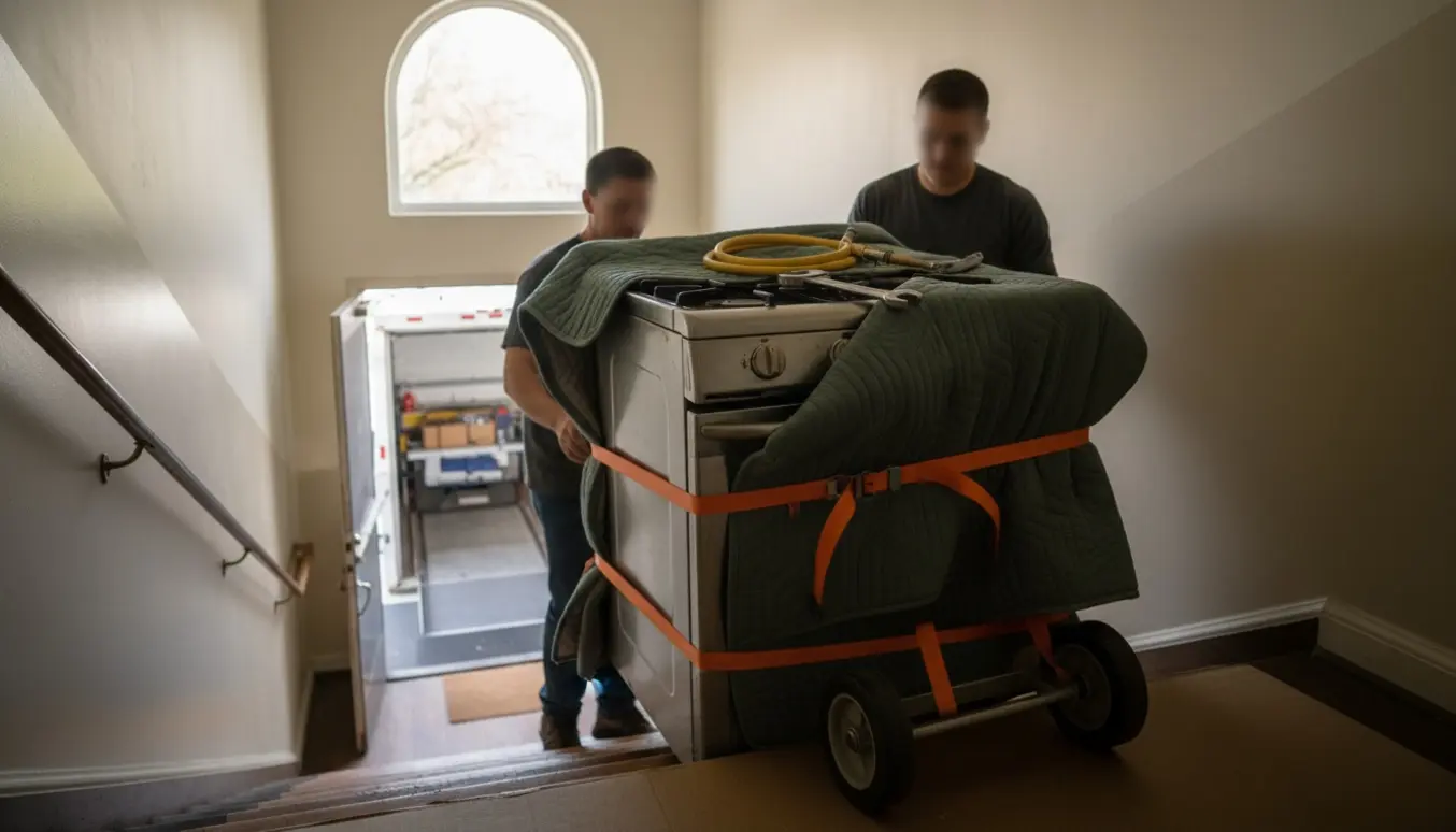 To personer bærer et indpakket gaskomfur ned ad en trappe med flyttetæpper og værktøj.