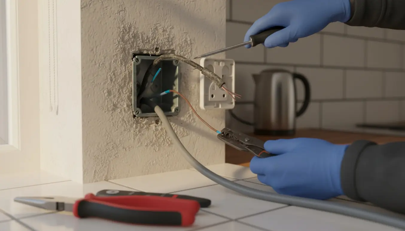 Nærbillede af udskiftning af stikkontaktledning i et køkken med korrekt 1 meters isoleret kabel og værktøj.