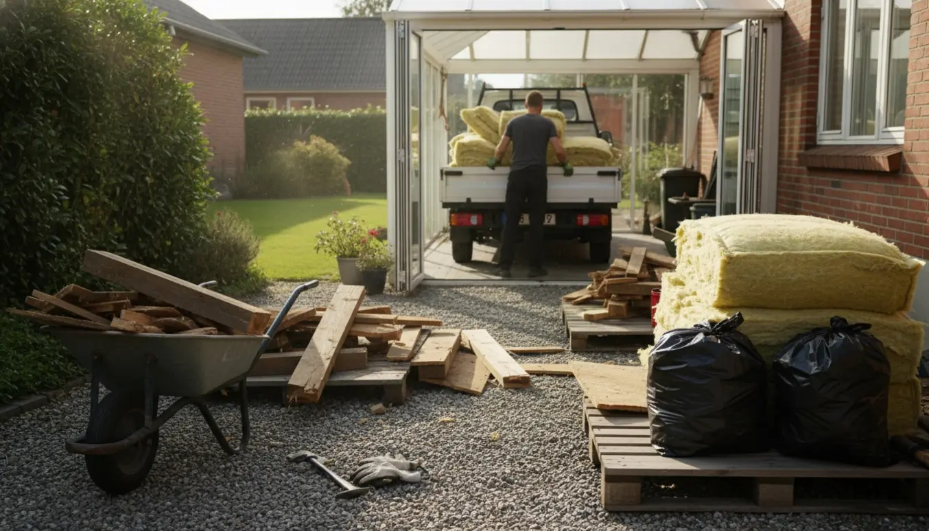 Person læsser gammelt træ og isolering fra en havestue ind i en varebil.