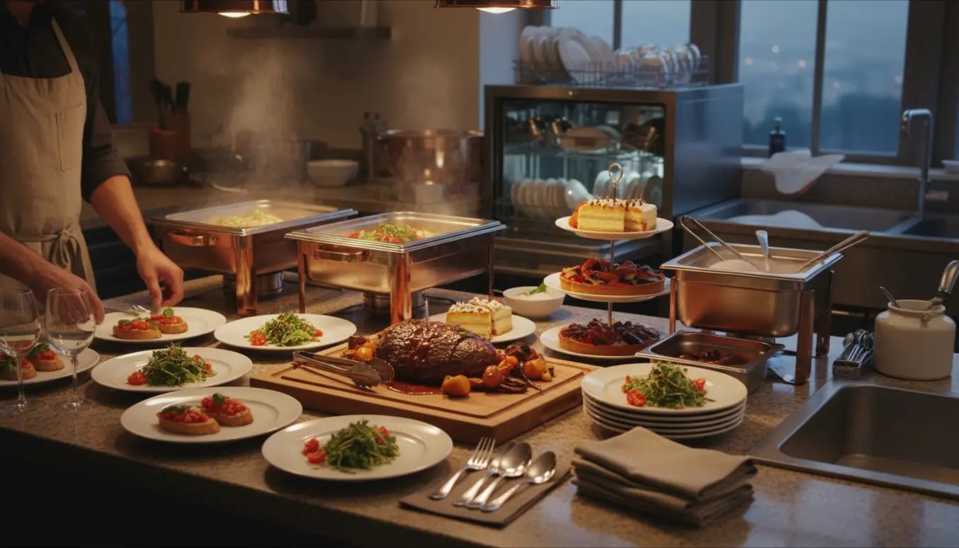 Hænder anretter en tre-retters fødselsdagsbuffet på en køkkenbænk med varme fade og en åben industriopvaskemaskine i baggrunden.