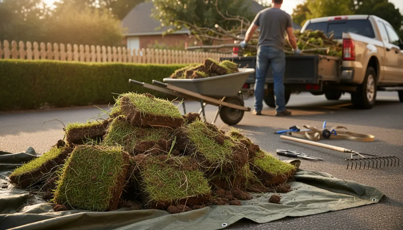 Bunke græstørv, jord og beskårne grene klar til bortkørsel ved en trailer.