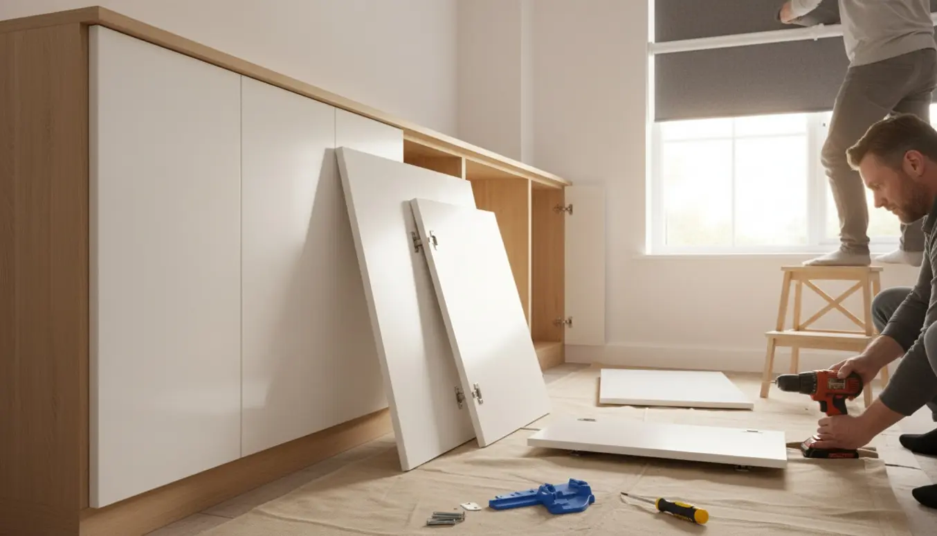 Nærbillede af montering af otte låger på fladtpakkede skabe og opsætning af et rullegardin i et lyst køkken.