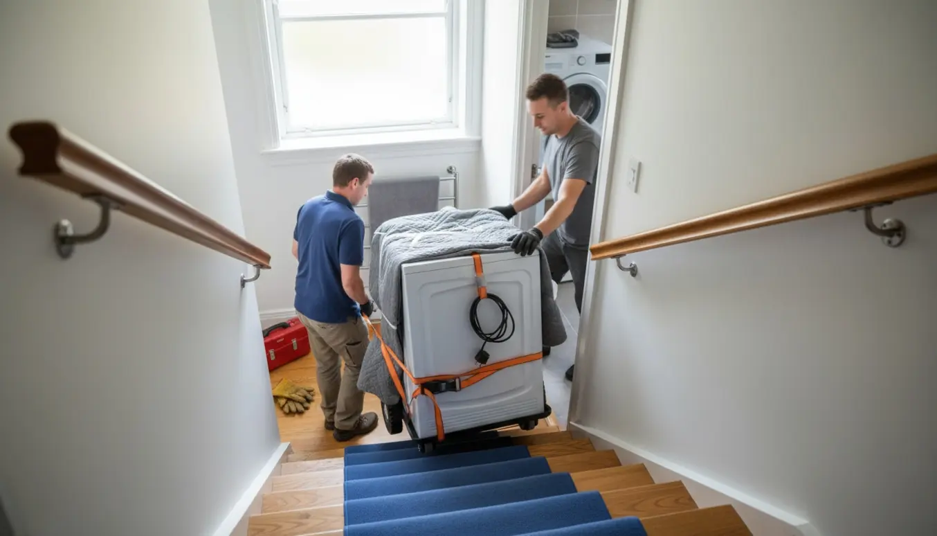 Tørretumbler bæres op ad en trappe mod et badeværelse ovenpå af to personer med flytteudstyr.