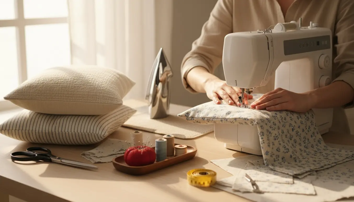 Nærbillede af hænder ved symaskine, der syr firkantede pudebetræk med stof, tråd og sakse på et lyst sybord.