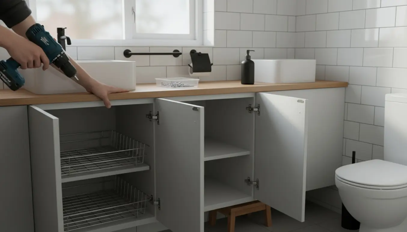 Lyst badeværelse med Ikea-skabe under montering, værktøj og nye greb.