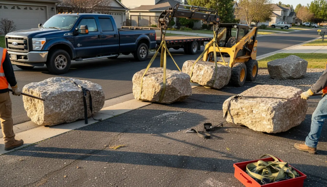 Tre store sten på en indkørsel ved vejen klar til afhentning med trailer og løfteredskaber.