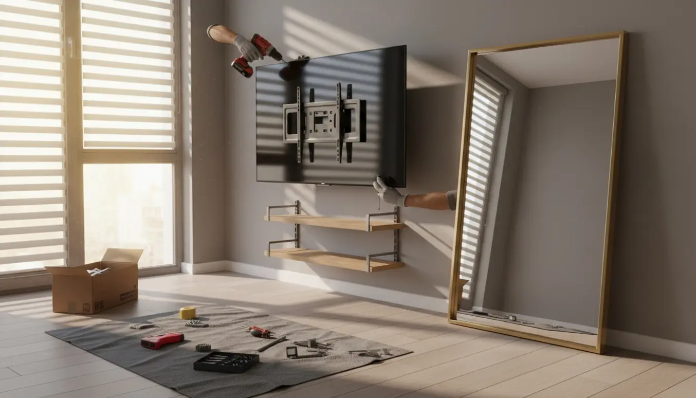 Installation af vægmonteret tv, spejl og hylder i en lys stue med værktøj samlet.