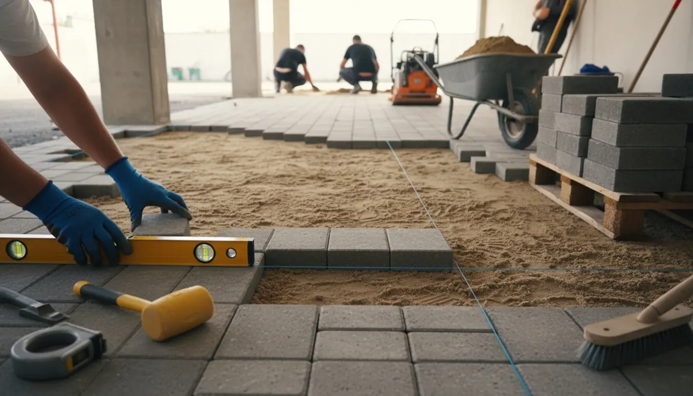 Nærbillede af hænder, der lægger nye belægningssten i en carport med sand, værktøj og stakke af sten omkring.
