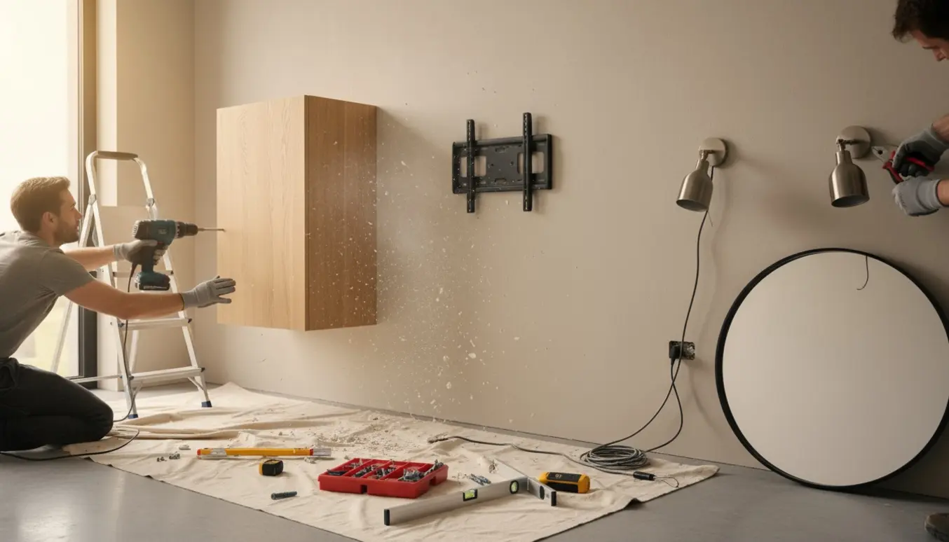 Entré hvor et skoskab monteres med en slagboremaskine, mens lamper, tv og spejl gøres klar til ophæng.