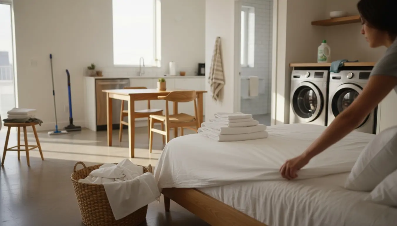 Ren Airbnb-lejlighed med nyopredt seng, vasketøjskurv og åben vaskemaskine i naturligt lys.