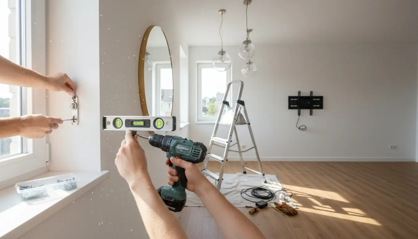 Hænder monterer spejl, børnesikring på vindue, loftslamper og tv-ophæng i en lys lejlighed.