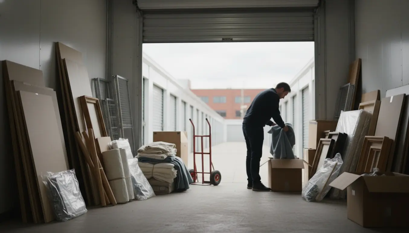 Et anonymt menneske pakker adskilt lagerinventar i kasser i et ryddet lagerrum.