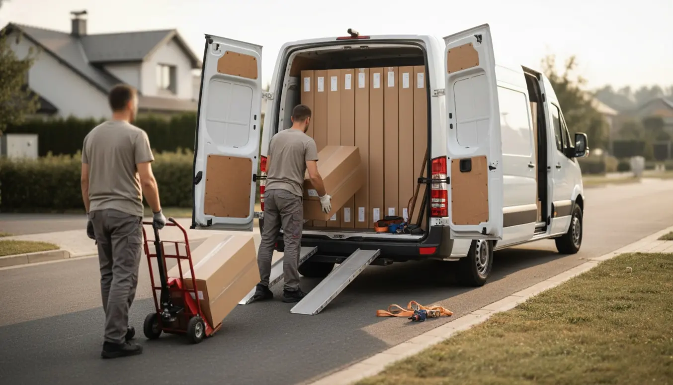 Åben varevogn med stabler af parketgulvspakker mens arbejdere læsser dem med en tralle.
