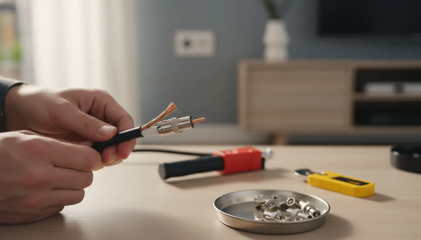 Nærbillede af hænder der monterer et nyt F-stik på et antennekabel med værktøj på et lyst bord.