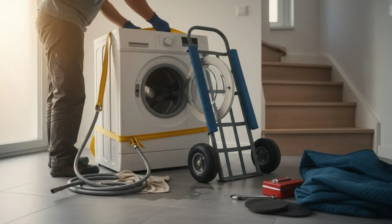En person forbereder at fjerne en defekt hvid frontbetjent vaskemaskine fra et badeværelse ved en trappe med sækkevogn og stropper klar.