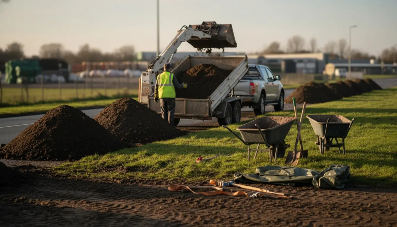 Store jordbunker ved vej læsses i en åben trailer med en minilæsser.
