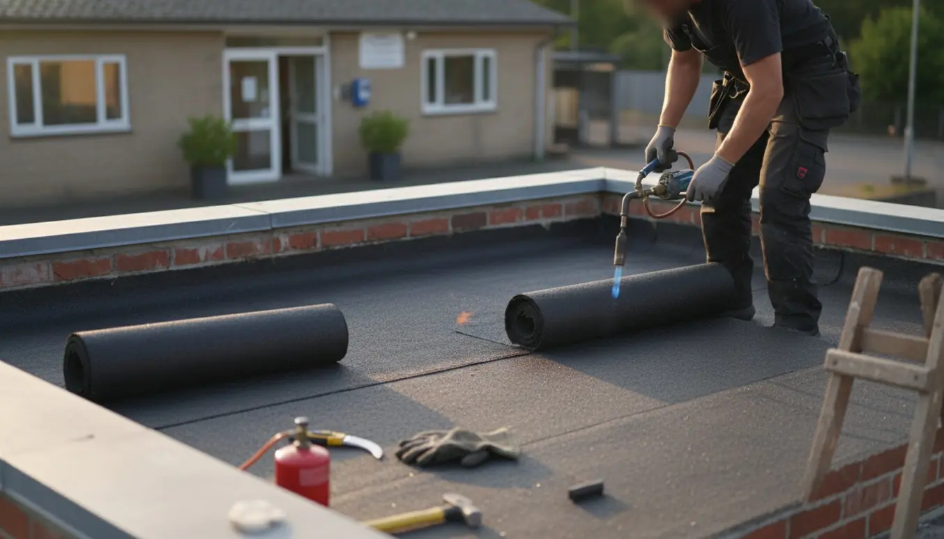 Håndværker ruller og varmer nyt tagpap ud på et lille fladt tag over et værested.