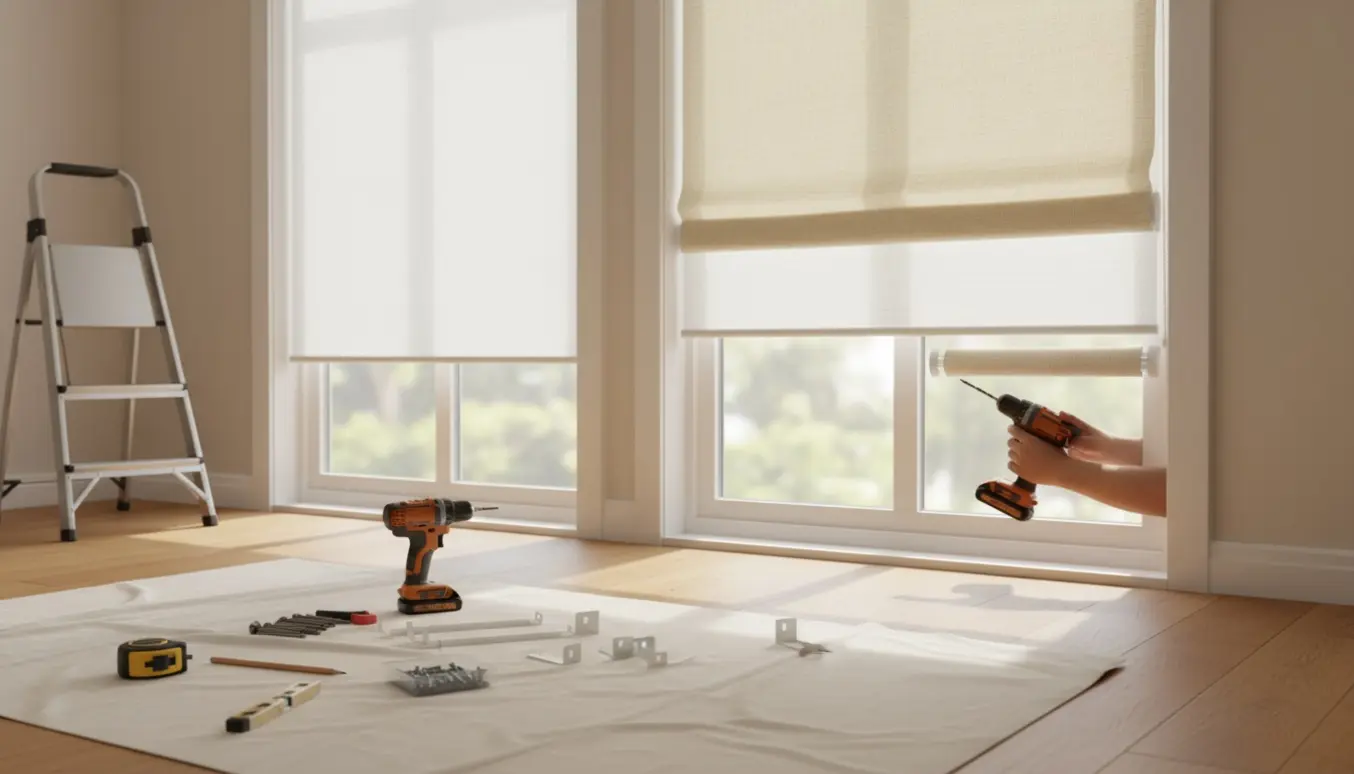 To vinduer med rullegardiner ved montering, værktøj og trinladder i et lyst stueinteriør.