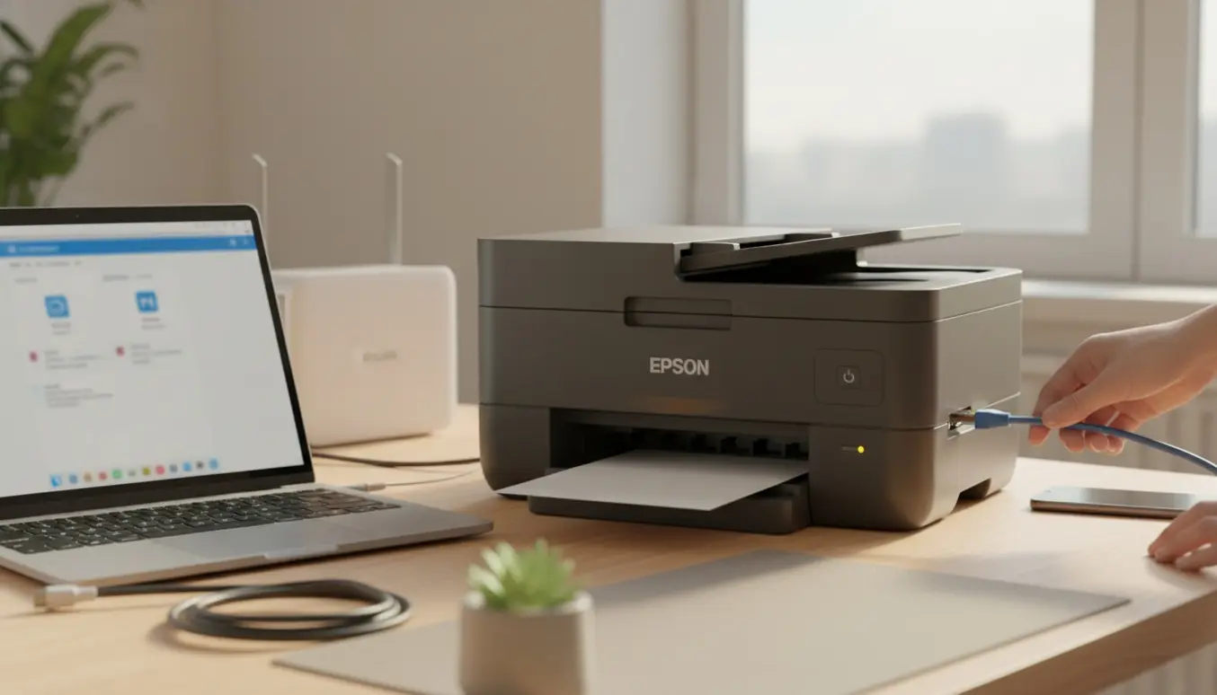 Hænder tilslutter en Epson ET-2865-printer til netværk via ethernet og trådløs router på et lyst skrivebord.