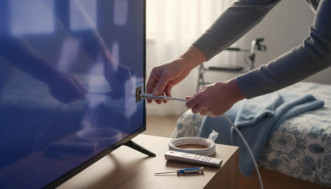 Hænder tilslutter et koaksialantennekabel til et fladskærms-tv i et plejehjemsværelse med nyt kabel og fjernbetjening på et natbord.