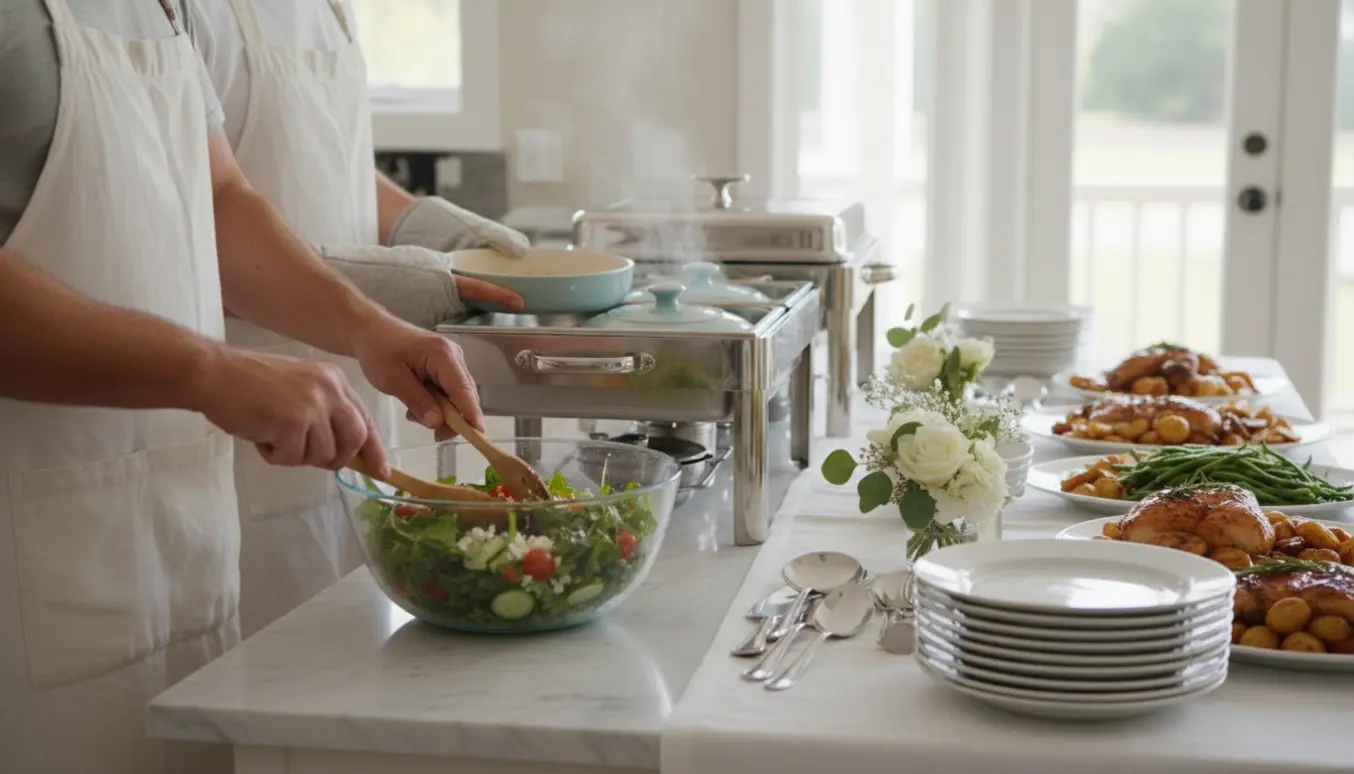 Hænder varmer mad og blander salat i et lyst, organiseret køkken klar til en barnedåb.
