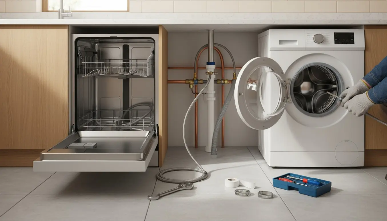 Installation af opvaskemaskine og vaskemaskine i et lyst køkken med værktøj og tilsluttede slanger.