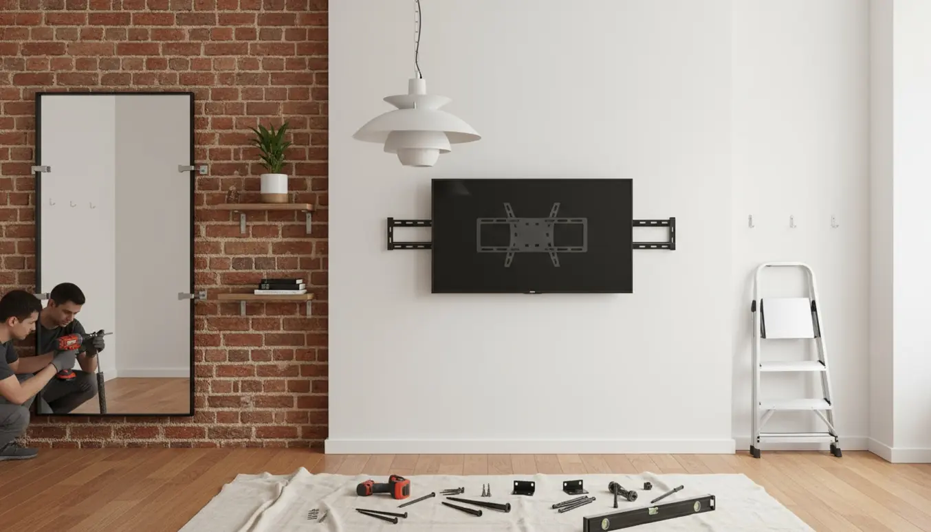 Stue hvor en porcelænslampe, et vægmonteret tv, to store spejle og to hylder monteres med værktøj og hænder i arbejde.