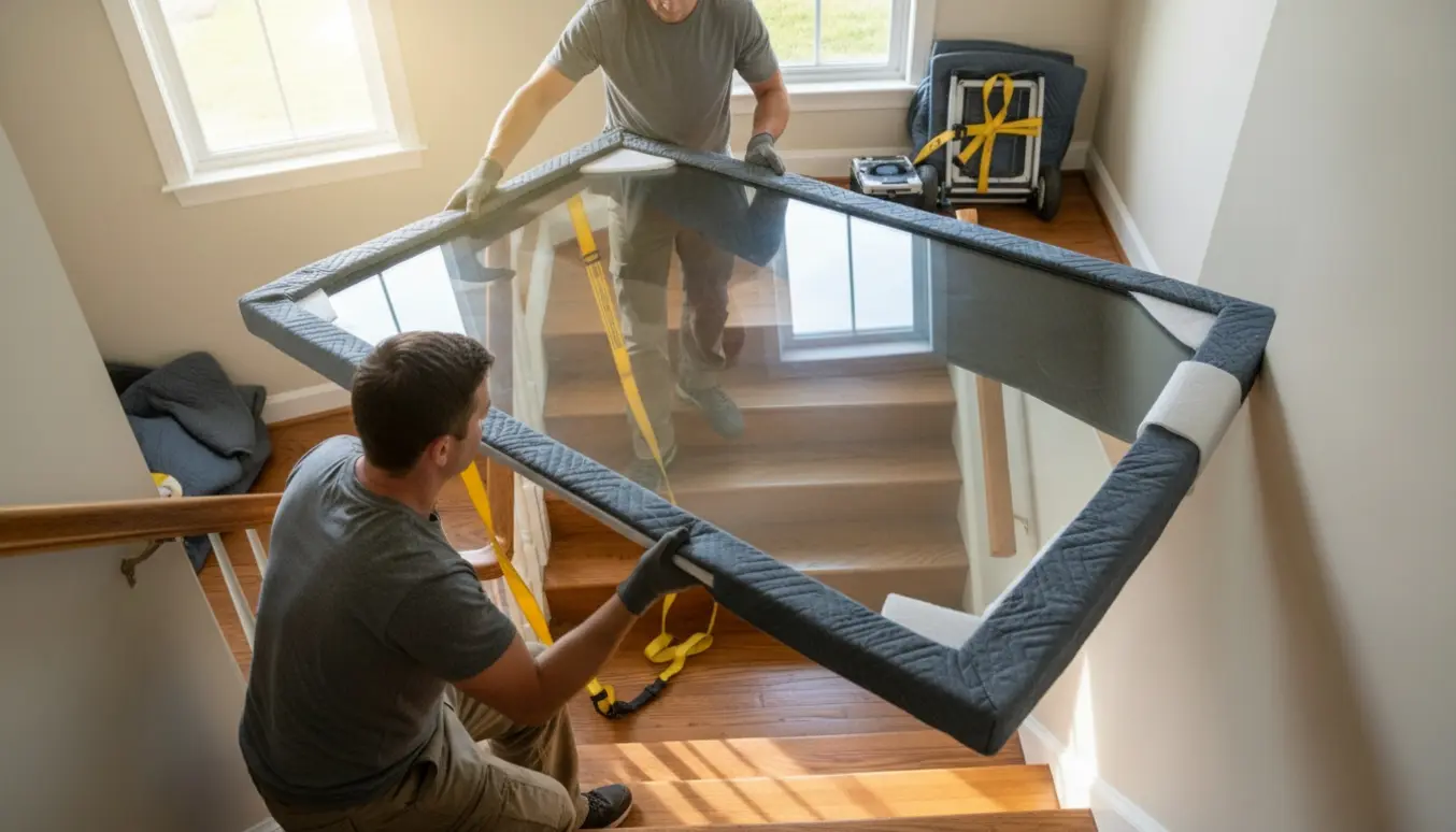 To personer løfter forsigtigt en beskyttet glasbordplade i en trappeopgang på vej til anden sal.