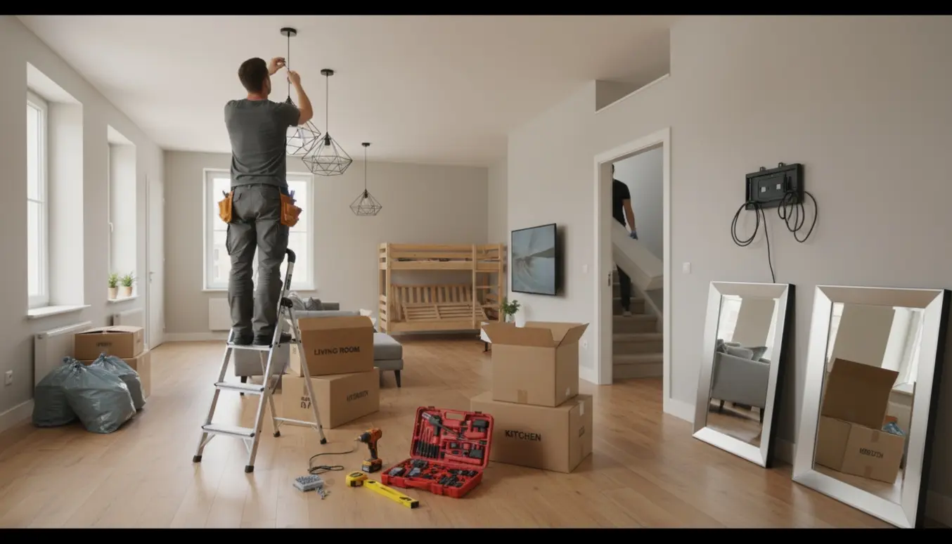 Håndværker monterer lamper og samler møbler i en lys lejlighed med værktøj og flyttekasser.