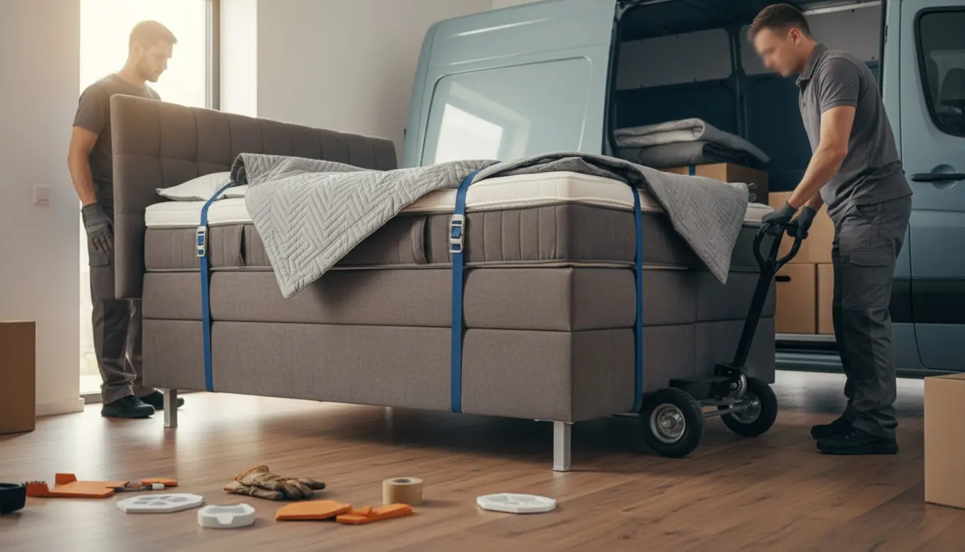 To flyttere læsser en 140 cm bred kontinentalseng, beskyttet med flyttetæpper og stropper, ind i en varevogn.