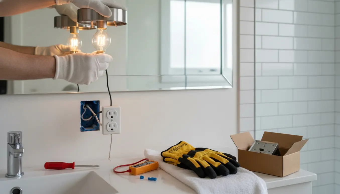 Hænder skifter pære i badeværelse med en ny lampe, åben stikkontakt og værktøj på vasken.