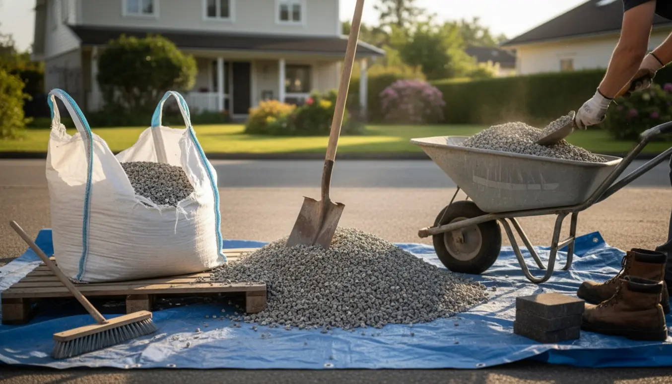 Big-bag med stabilgrus tømmes på en indkørsel med skovl og trillebør, uden synlige ansigter.