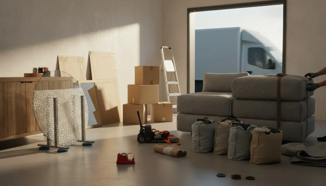 Indgang med adskilt sofa i fire dele, tung skænk, rundt glasbord, to spejle, flyttekasser, tøjposer og en stige klar til flytning.