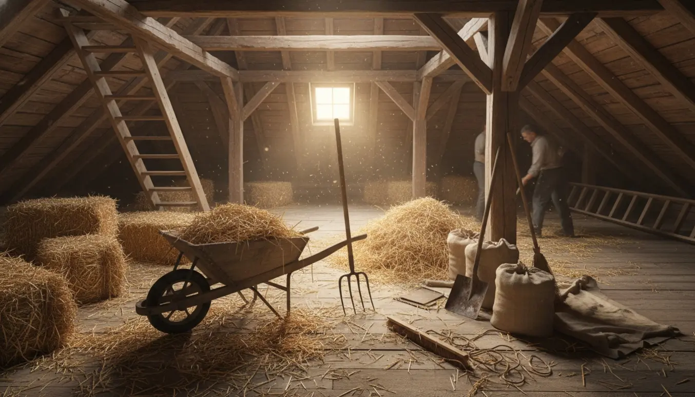 Loft med løs halm og ødelagte baller under oprydning med trillebør, gaffel og stiger.