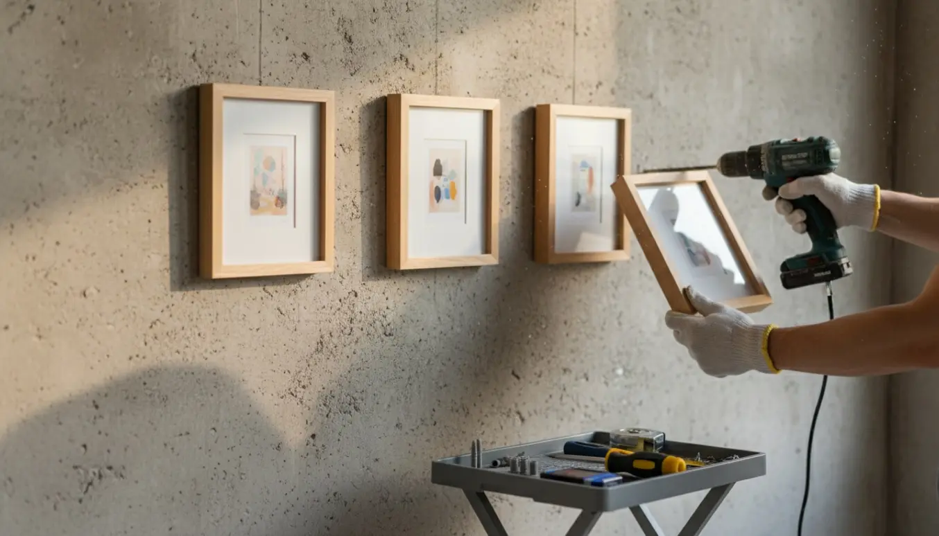 Tre små billedrammer hænges op på en betonvæg med boreværktøj og rawlplugs.