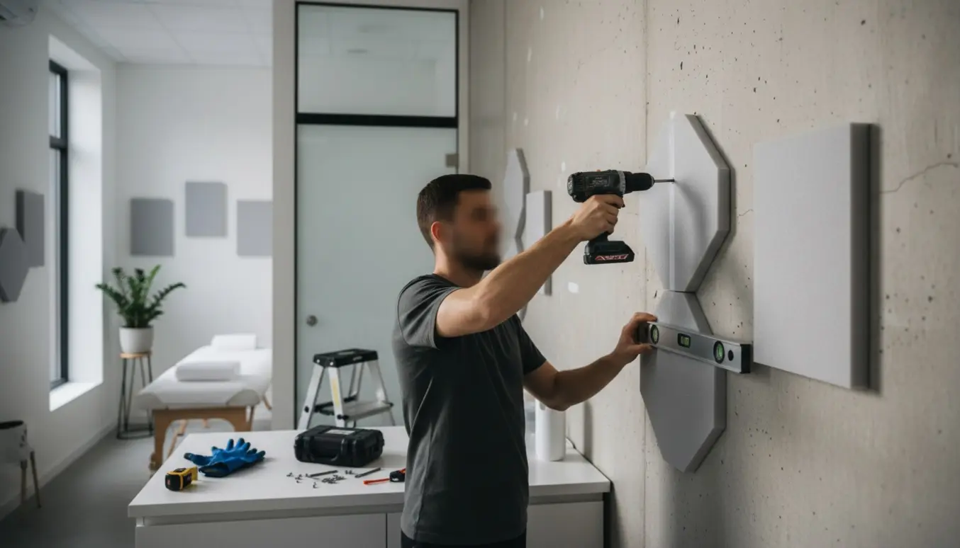 Hænder hænger skumplader op i en klinik med boreudstyr, nanotape og en stor plade på en betonvæg.