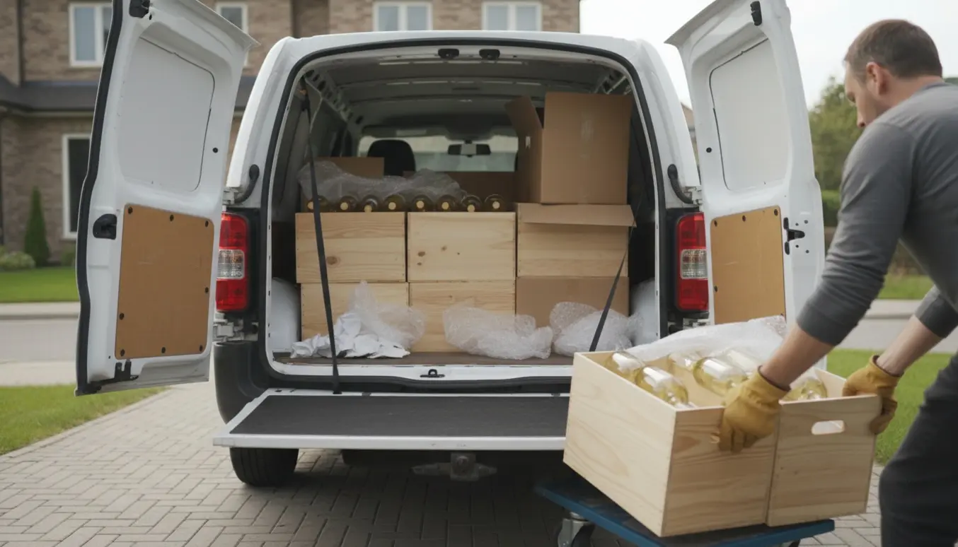 Åben varebil med stabilt stablende trækasser og papkasser fyldt med vinflasker, mens handskerede hænder læsser forsigtigt.