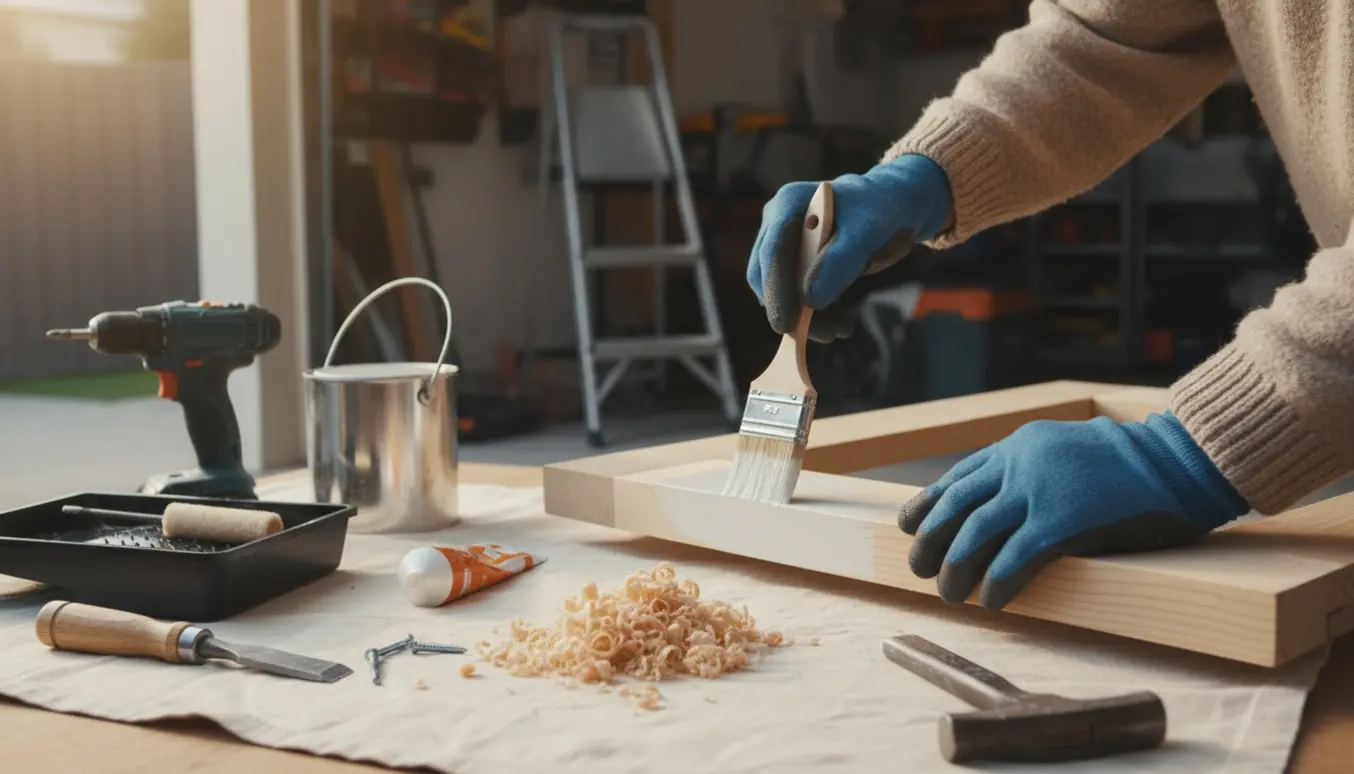 Hænder fra en ældre person maler og reparerer en dørkarm ved husets indgang med værktøj og malergrej omkring.