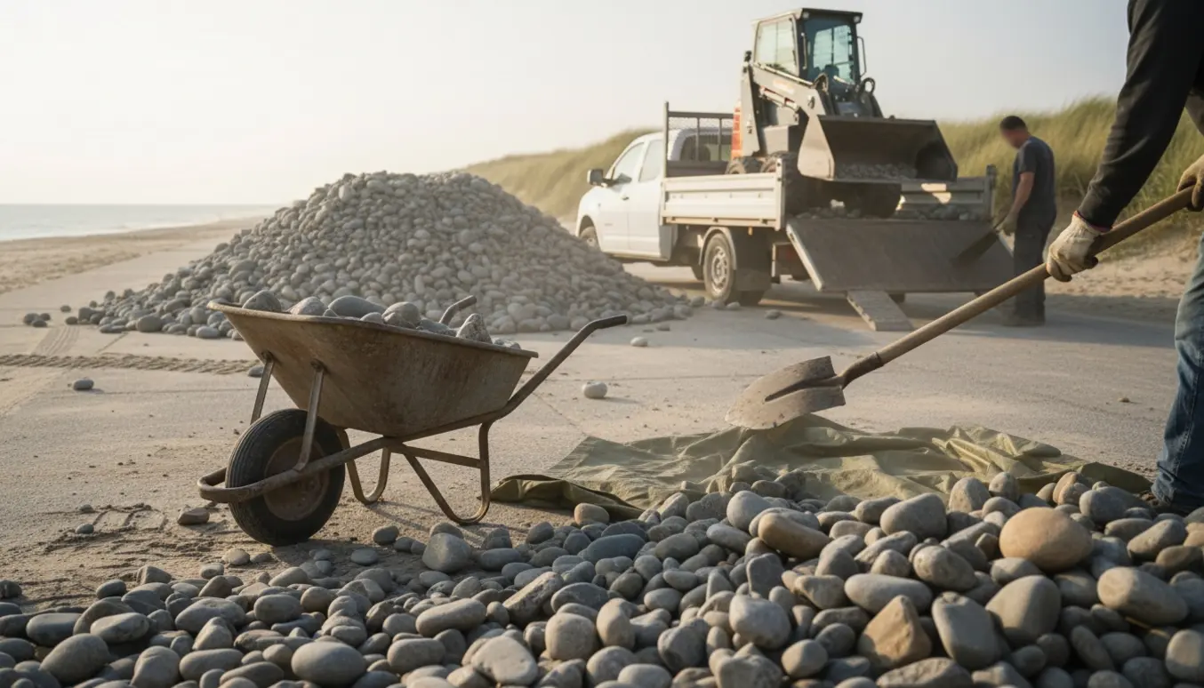 Stor bunke strandsten læsses op på en trailer ved kysten, arbejdere med ryggen vendt.
