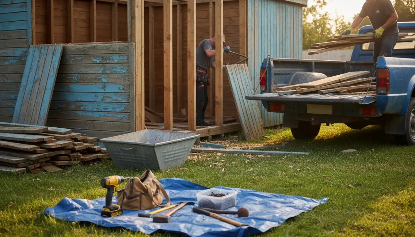 Delvist demonteret træhaveskur i baghaven med værktøj og materialer klar til bortskaffelse.