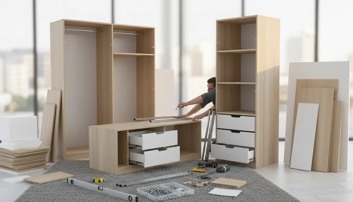 Tre flade pakkeskabe i forskellige stadier af samling i et lyst rum med værktøj spredt omkring.