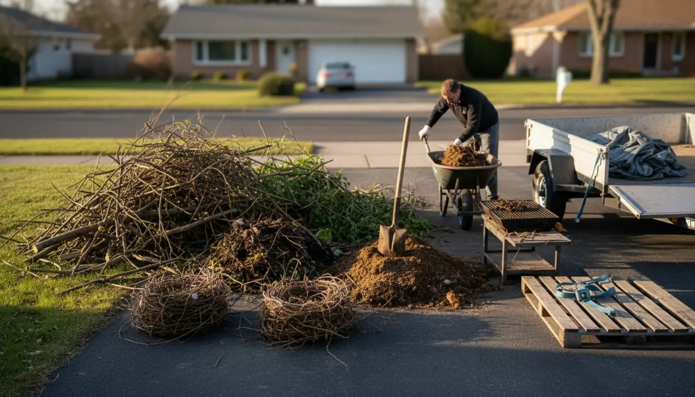 Bunke haveaffald, to tjørnebunker, en bunke sand/jord og en gammel gasgrill ved indkørslen klar til bortkørsel.